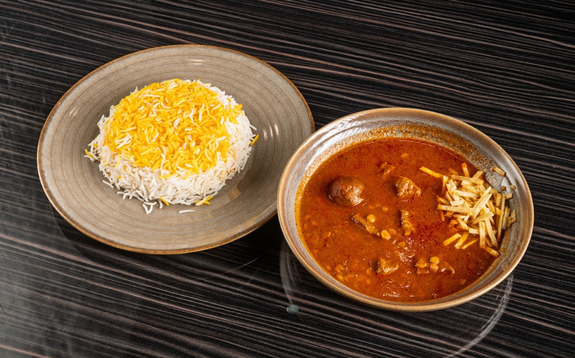 Traditional Persian Gheimeh stew made with Halal beef, yellow split peas, and saffron rice